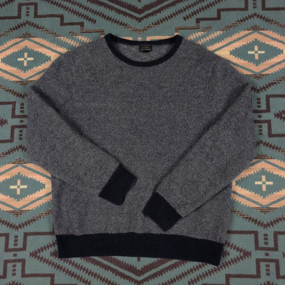 J.Crew 100% Cashmere Sweater Crewneck Men's Large Navy Gray Bird's-Eye Knit
